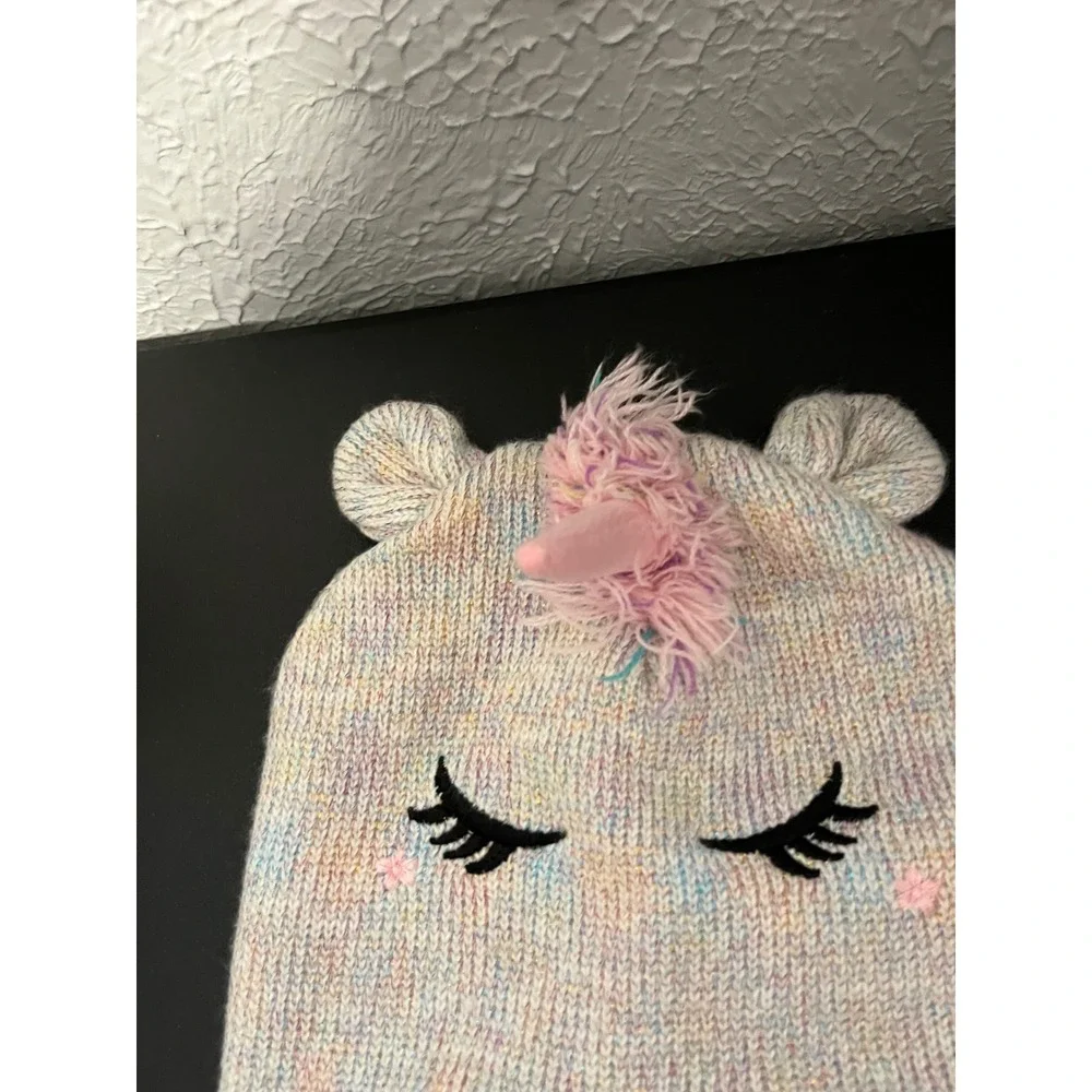 Kids Unicorn Trapper Hat Pastel Rainbow Glitter Knit‎ Fleece Lined Beanie Pink